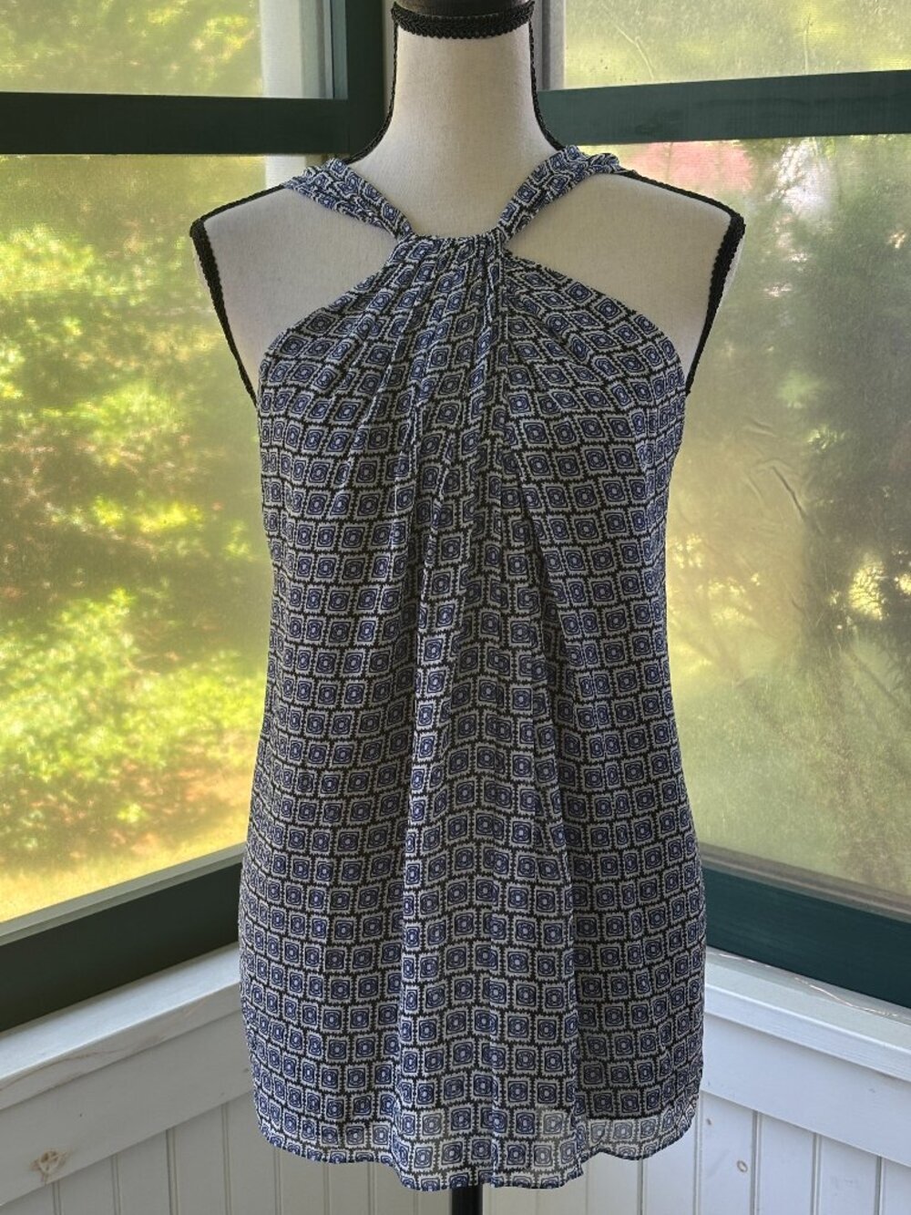 Diane von Furstenberg Geometric Print Twisted Halter Top | Navy & Ivory | Size 4